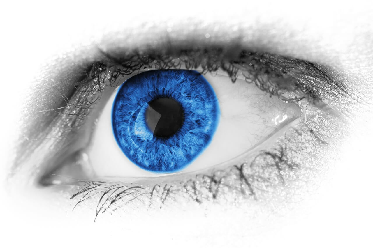 A close up of a greyscale eye with a blue pupil.