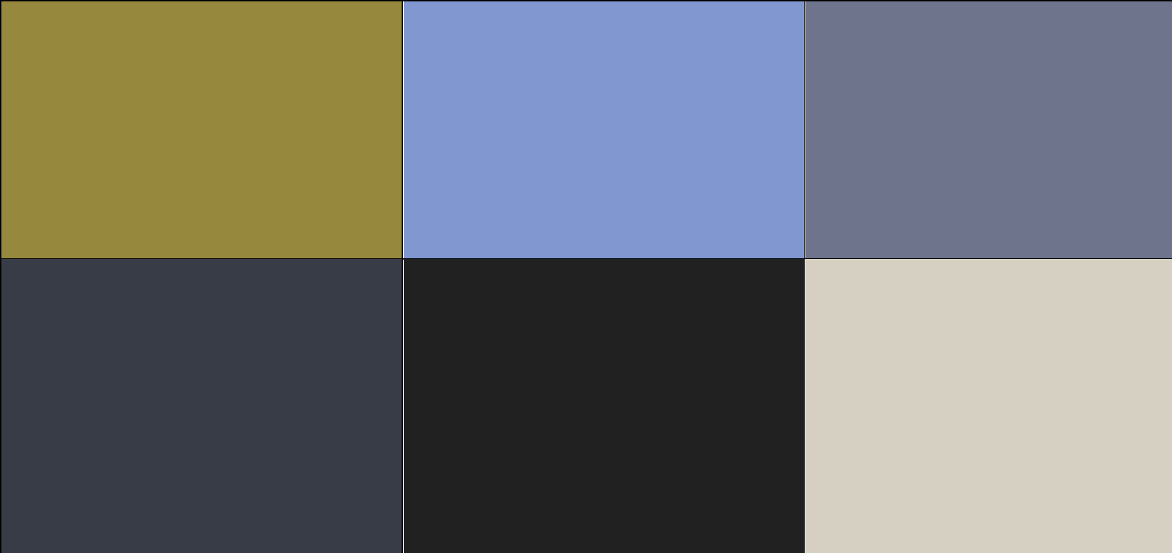 The grid of six colours suggested for an inclusive colour palette as seen by someone with deuteranopia