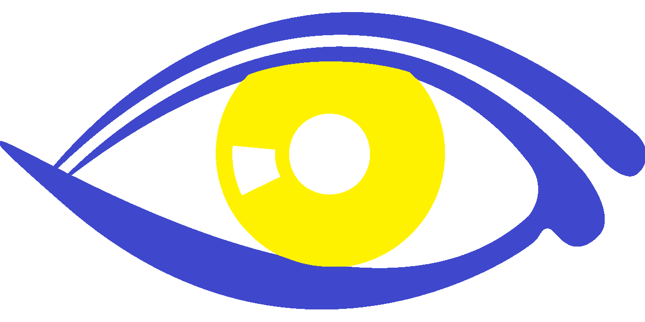 A picture of an eye with a blue outline and yellow pupil.