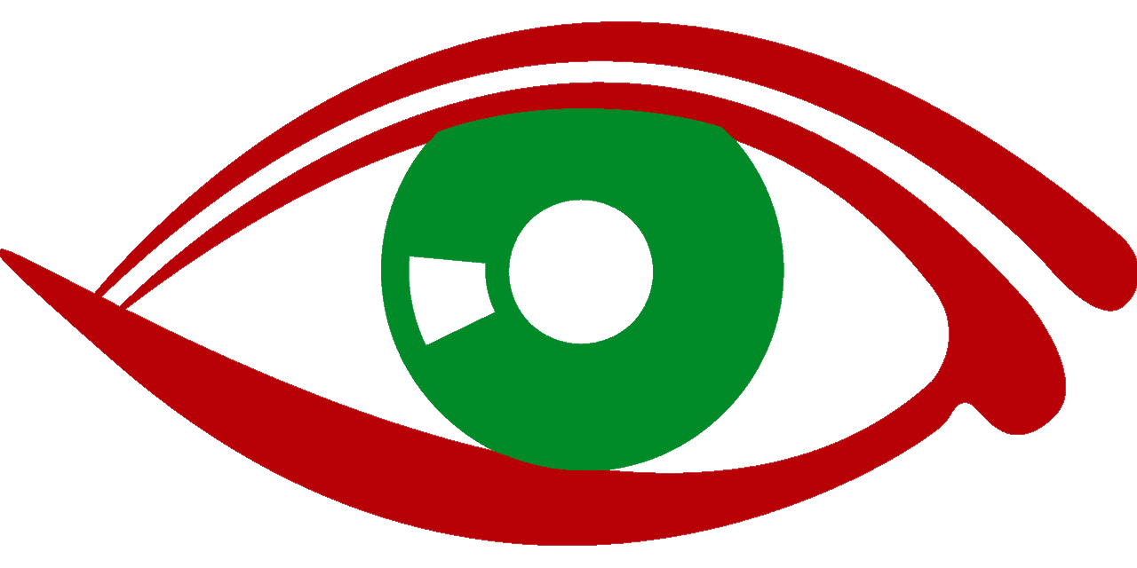 A picture of an eye with a red outline and green pupil.