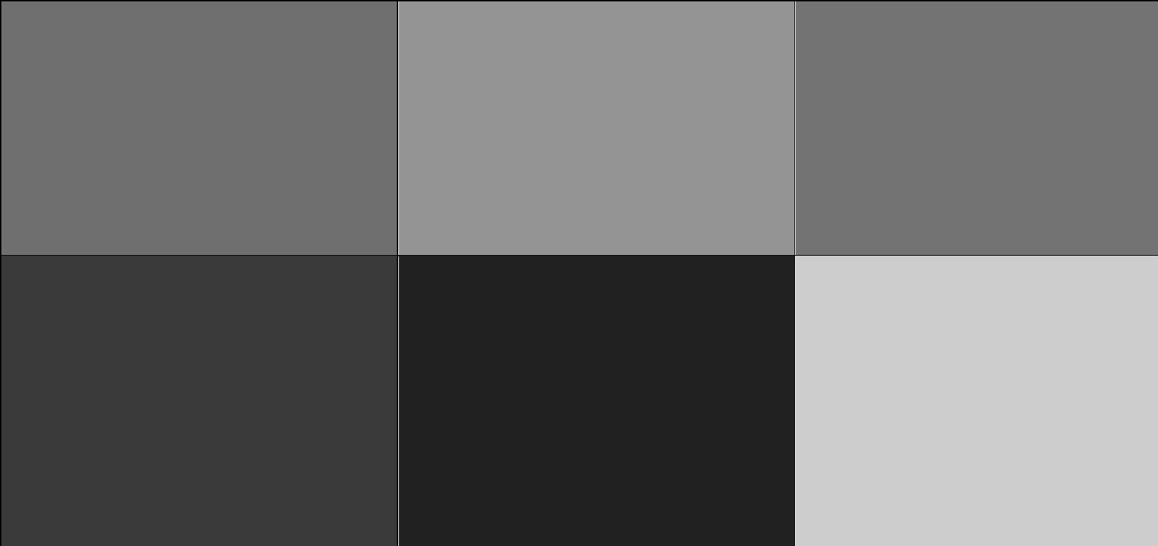 The grid of six colours suggested for an inclusive colour palette as seen by someone with achromatopsia