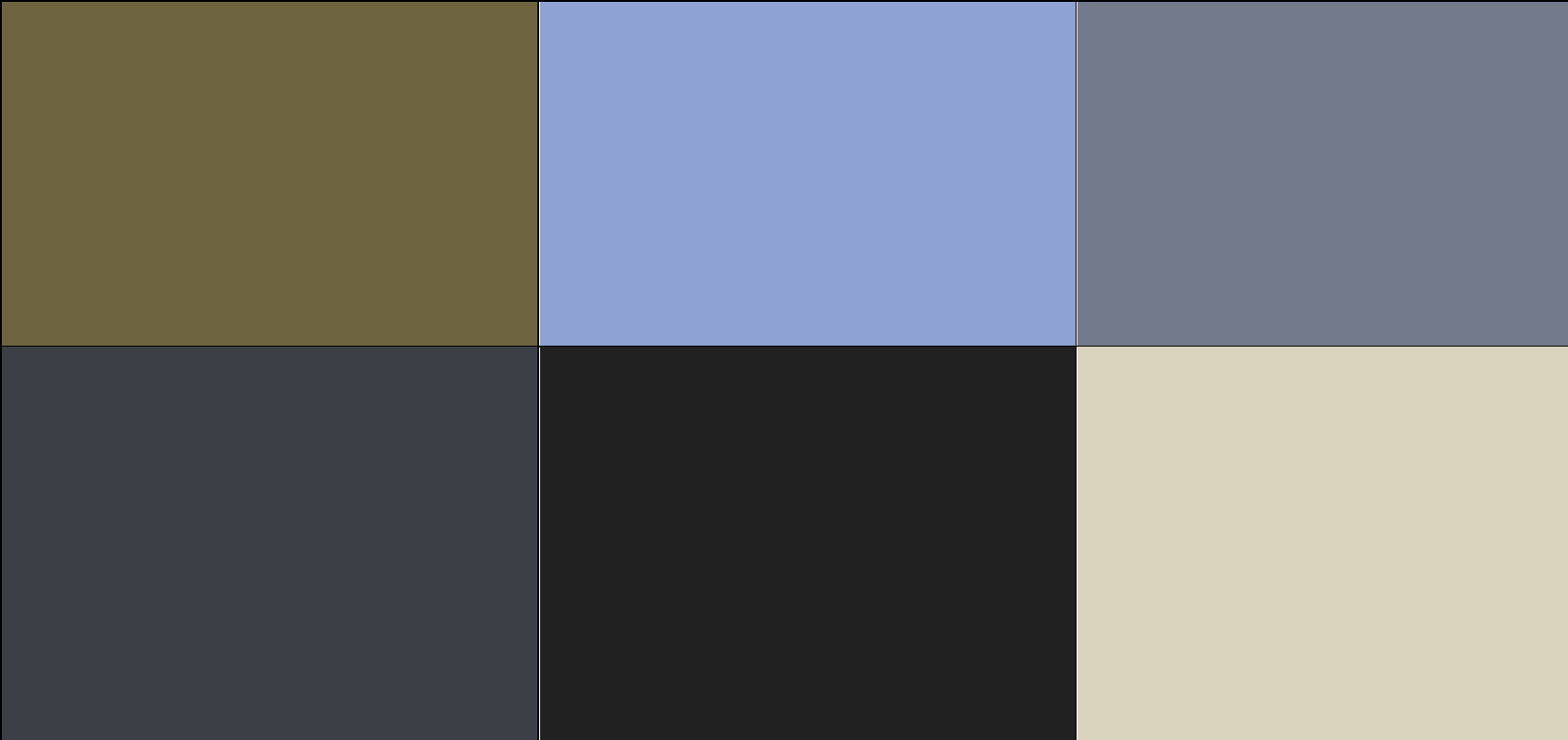 The grid of six colours suggested for an inclusive colour palette as seen by someone with protanopia