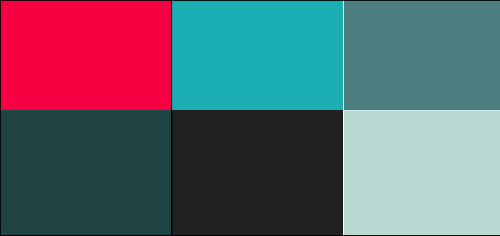 The grid of six colours suggested for an inclusive colour palette as seen by someone with tritanopia